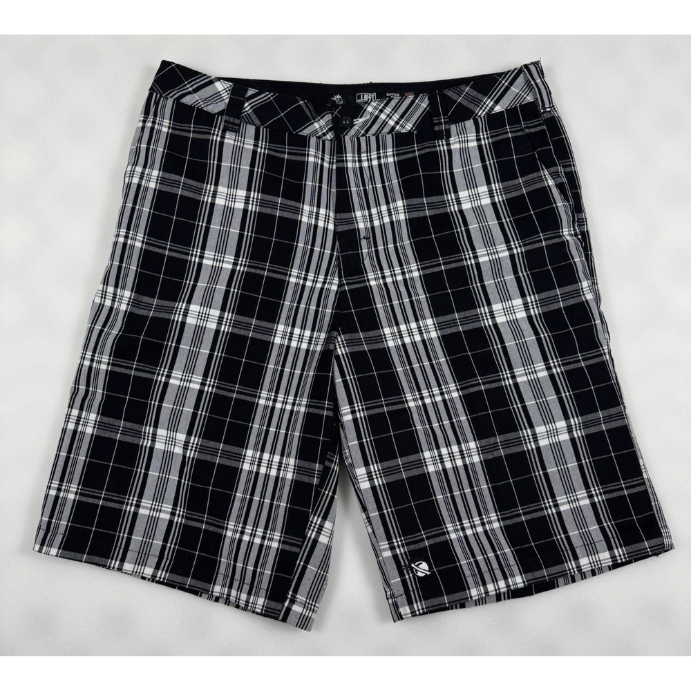 Vtg Y2K Lost Enterprises Skate Shorts 36 Black Plaid Have You Seen Him Graphic